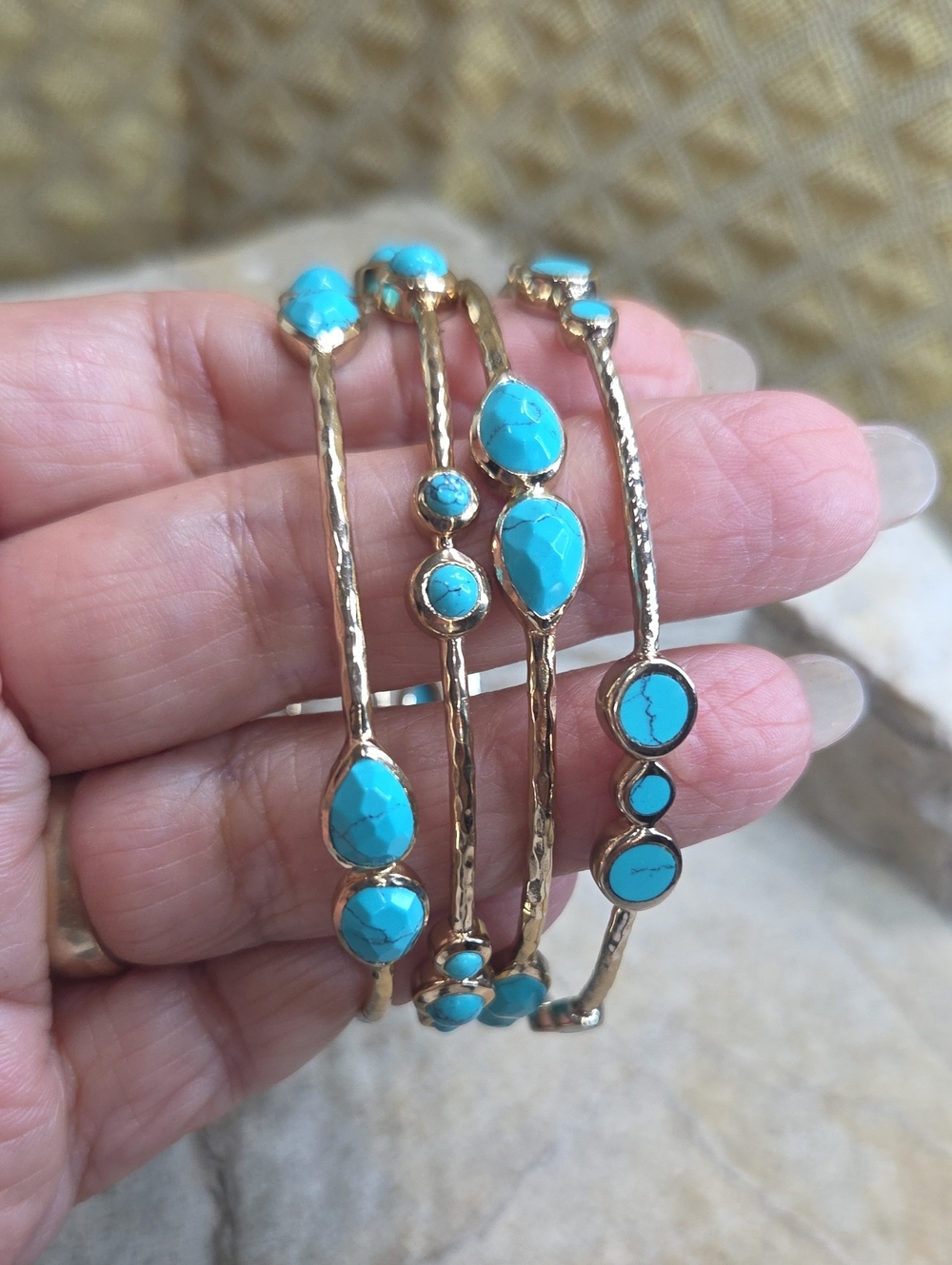 Turquoise Stone Gold Bangle Bracelets - Set of 4